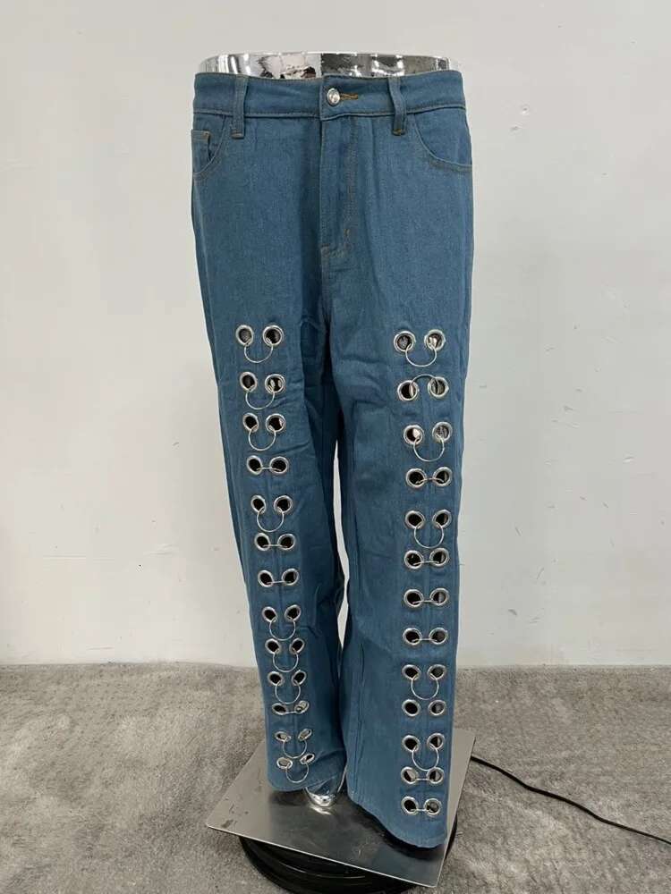 Fashion Metal Hole Jeans For Women Hollow Out Straight Loose Casual Denim Pants Spring New Items 19F2031