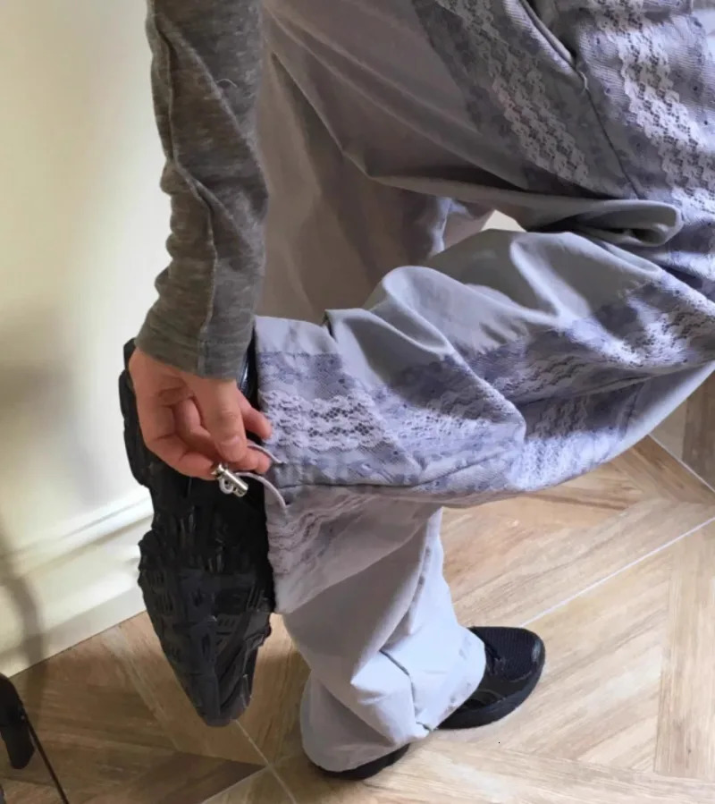 Fashion Vintage Lace Patchwork Nylon Wide Leg Pants 2025 Summer Loose Y2k E- High Waist Straight Trousers 250303