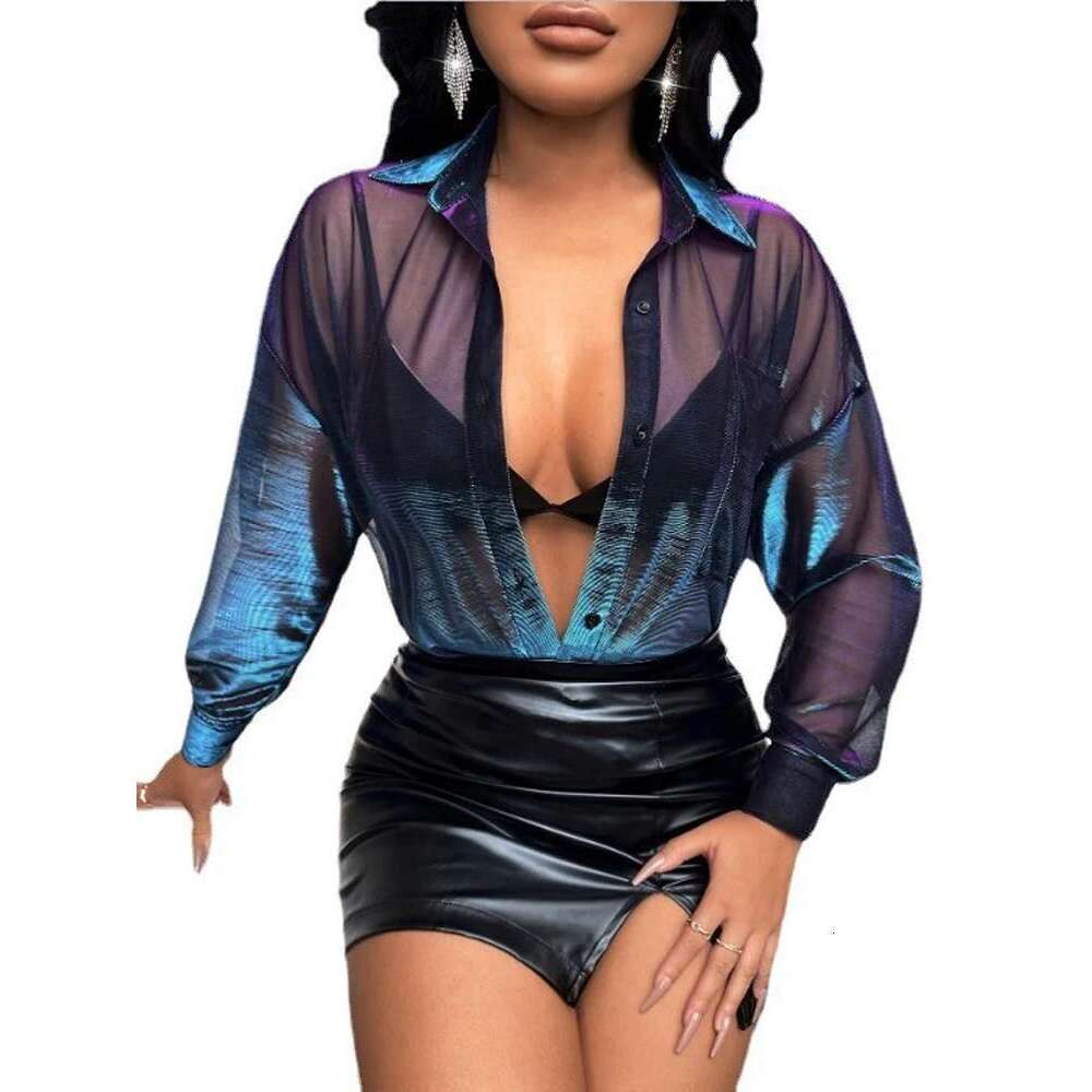 color Fashionable laser changing bright silk see-through loose temperament long-sleeved shirt