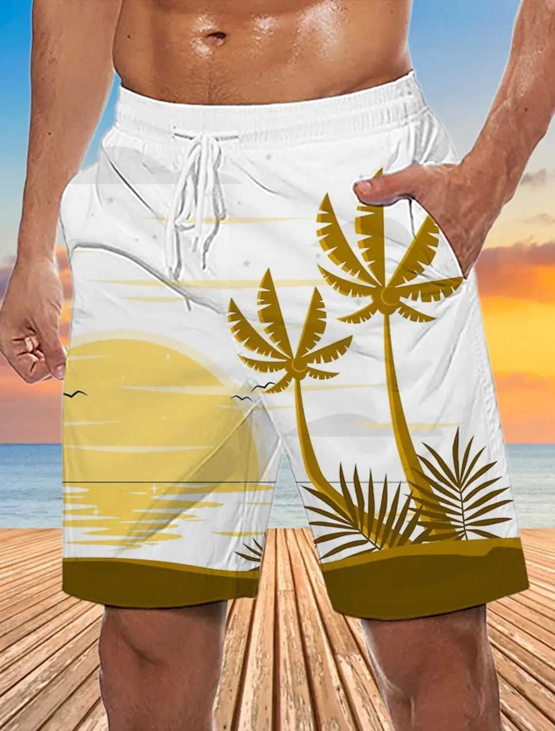 Hawaiian Coconut Tree Beach Shorts 3D Printing Summer Mens Casual Swimming Short High Elastic Quick Drying Pants Sport PantT250304
