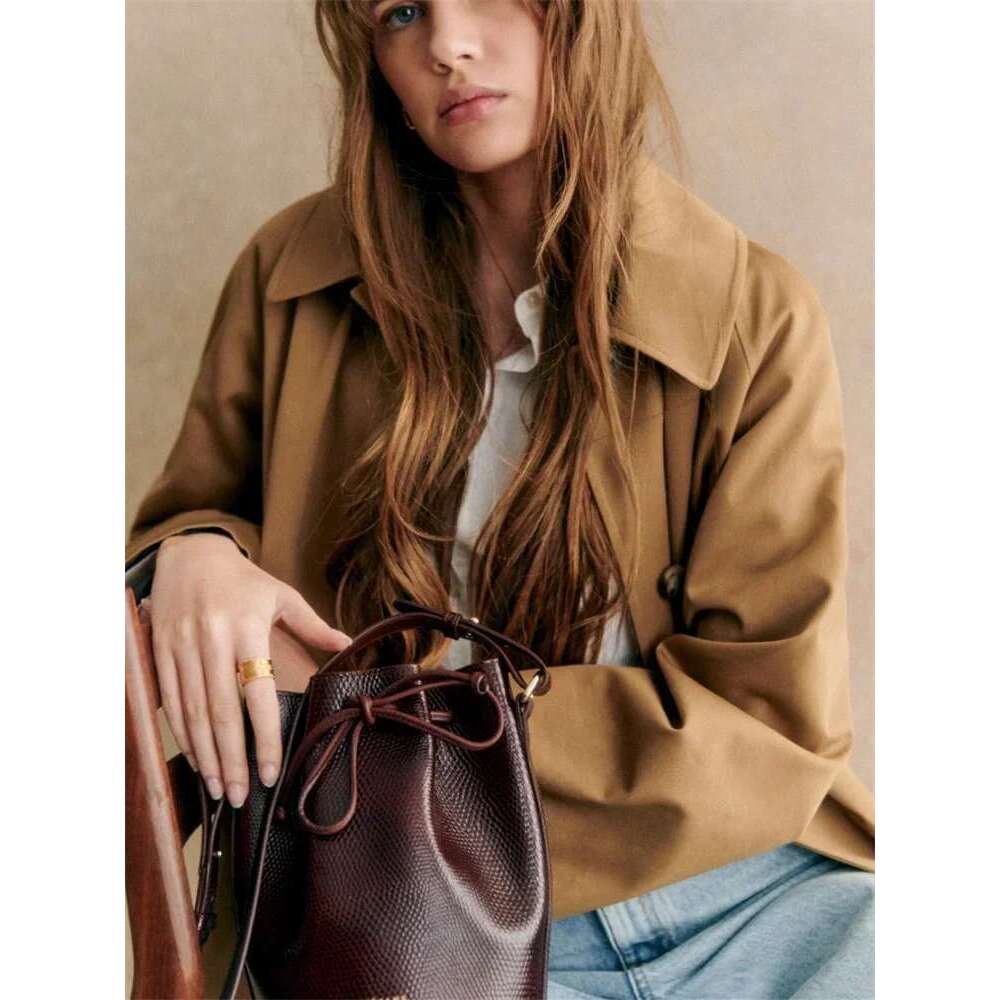Women French Contrast Color Plaid Long Trench Coat Single-Breasted Turn-Down Collar Lady Mid-Length Windbreaker Jacket Tops