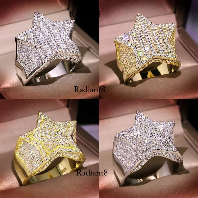 Sier Star Dia For Man/women Solid White /Yellow Gold Rings Shine Hiphop Jewlery Gifts
