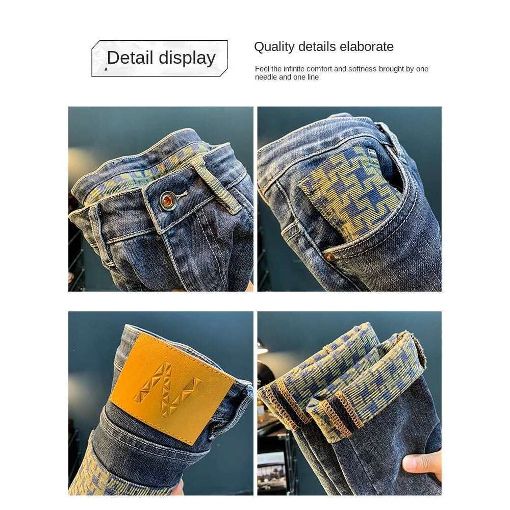 Spring New Trendy Jeans For Men's High End Light Fashion Print Elastic Casual Straight Fit Loose Cotton Denim Pants