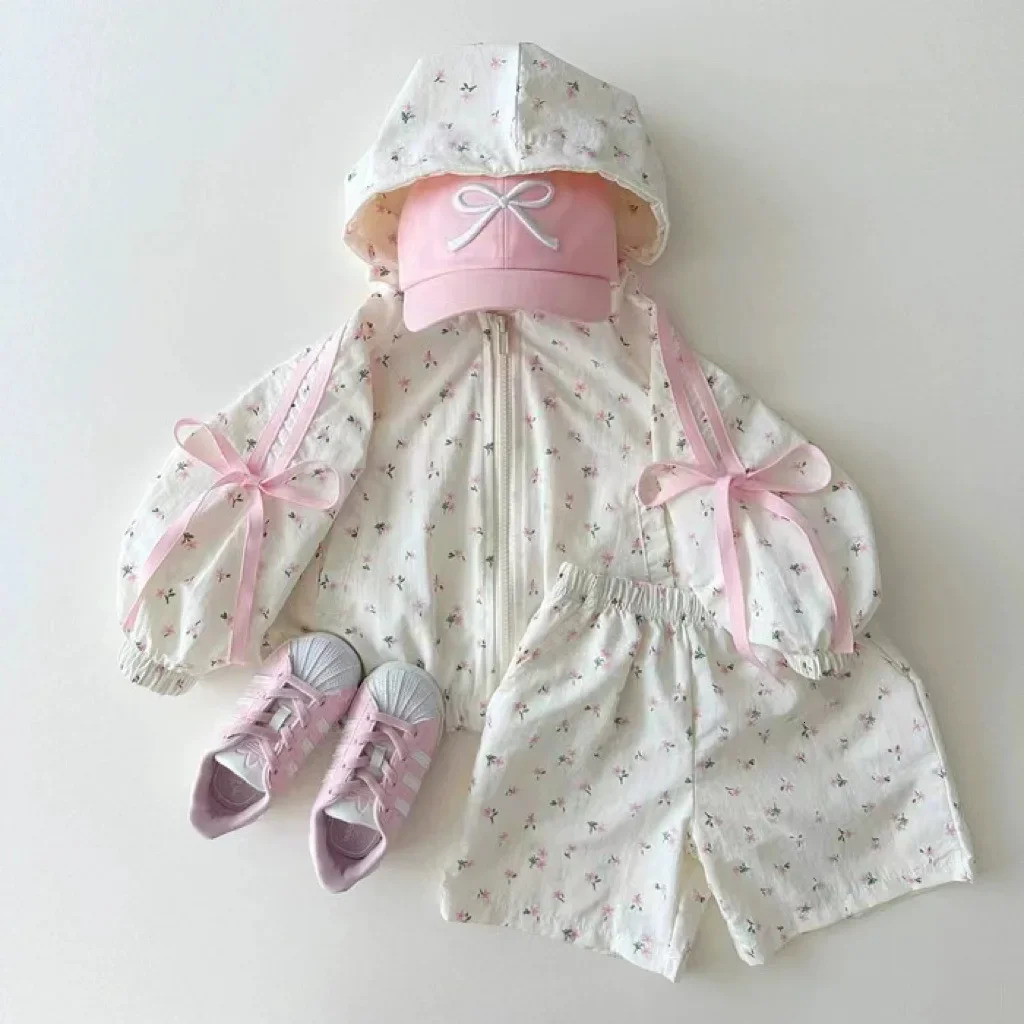 Summer Girls Long Sleeve Bow Sunscreen Jacket Shorts 2pcs Suit Baby Hooded Cardigan Clothes Set Toddler Girl Outfits 250304