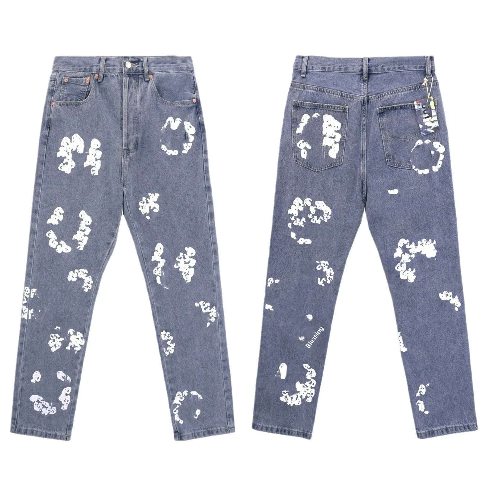 Trendy Wood Cotton Printed Casual Jeans For Men And Women American Straight-Leg Denim Pants Hip Hop Style From China