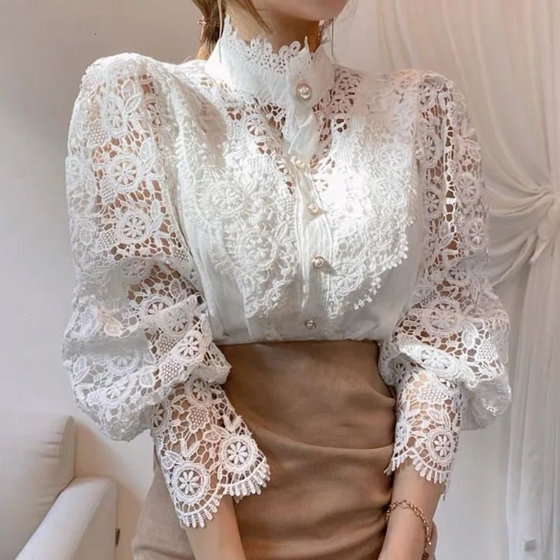Elegant Lace Tops Embroidery Hollow Out Solid Stand Collar Female Tunic Plus Size Petal Sleeve Spring Womens Tops And Blouses 250228