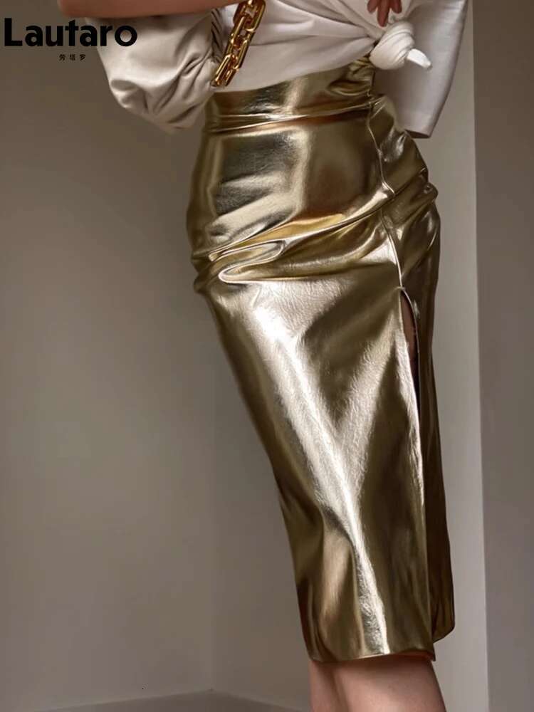 Lautaro Spring Autumn Shiny Black Sier Golden Pu Leather Skirt Women Front Slit High Waist Long Designer Clothes 2023