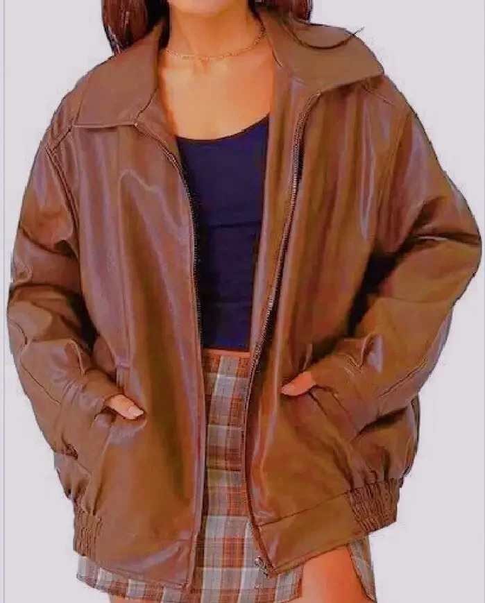 Womens autumn and winter PU leather jacket loose zipper long sleeved solid color fashion 250226