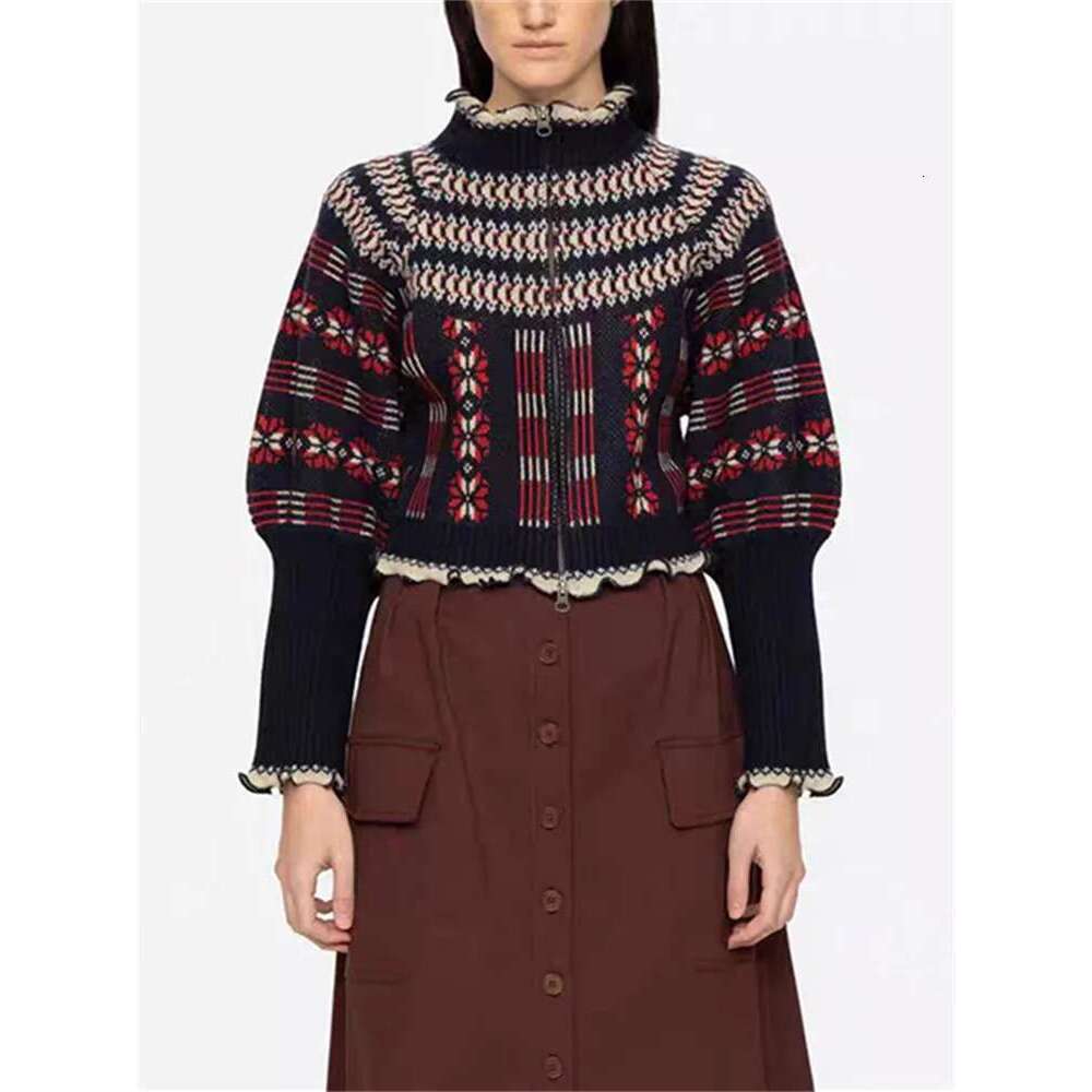Women's Ruffles Collar Double Zipper Sweater Coat 2025 Autumn/Winter Lantern Sleeve Retro Contrast Color Knitwear Cardigan Top