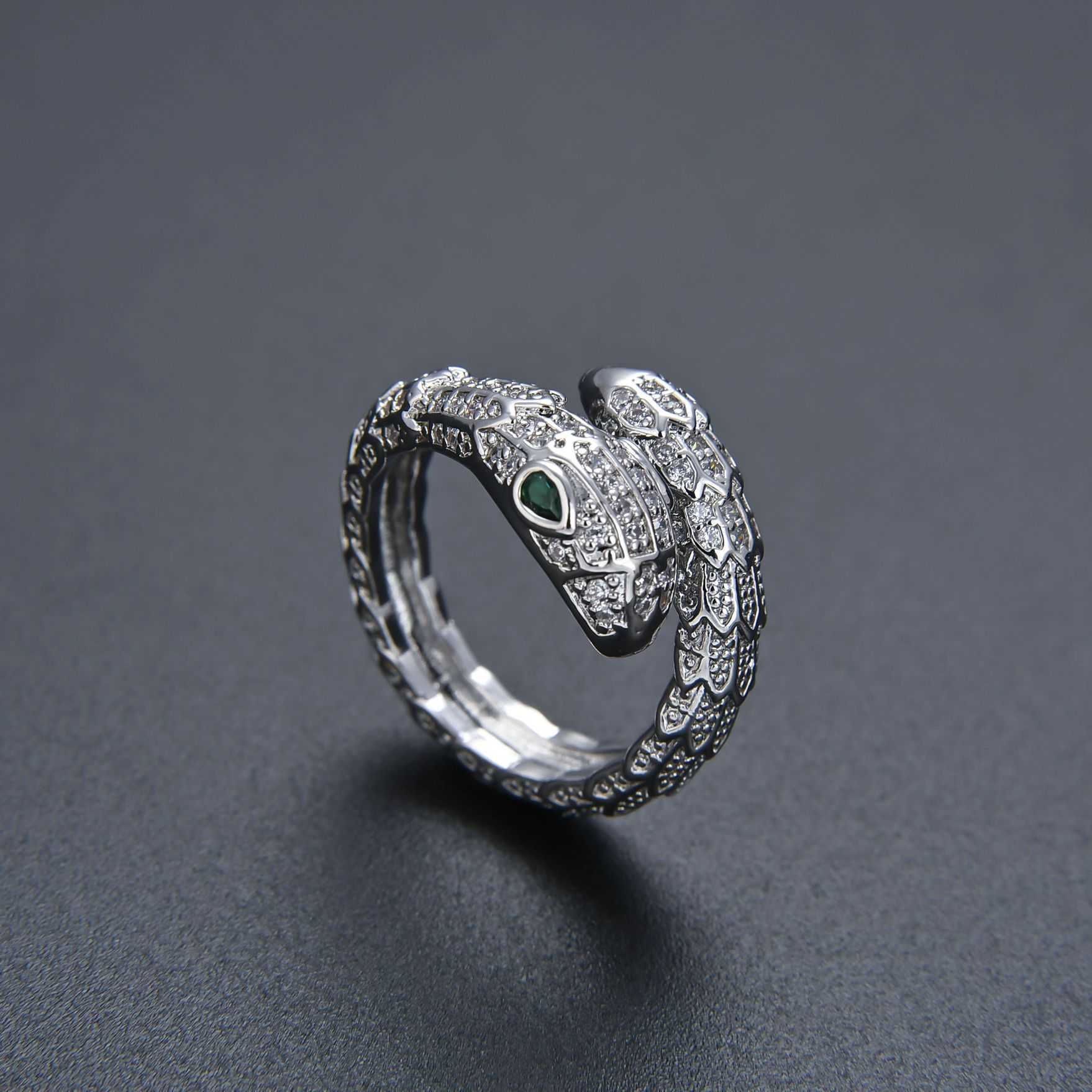 Couple Rings Fashion ins cool style common ring for men and women single ring snake scale flashing snake head CZ open ring H25303