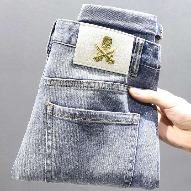 Summer Men's Slim Fit Jeans With Embroidery Design, Stretchy Casual Thin High-End Long Pants