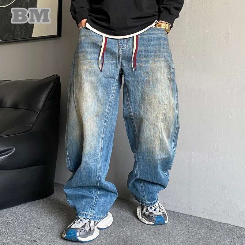 American Streetwear Baggy Jeans For Men Korean Fashion Hip Hop Distressed Denim Cargo Pants Trendy Skateboard Trousers Male