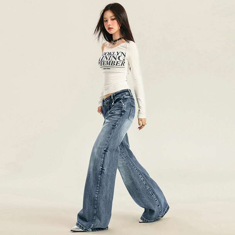 Autumn New Women's Streetwear Washed Denim Pants Vintage Straight Trousers Casual Loose-Fit High-Waisted Wide Leg Jeans
