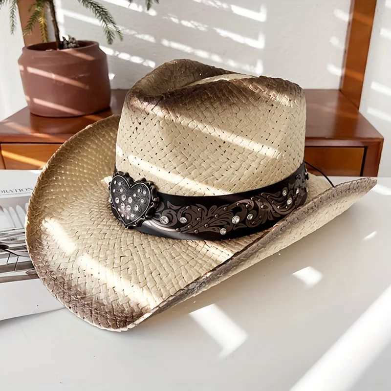 Diamond Belt Grass Knitted Knight Hat for Women Summer Outdoor Mountaineering Sunshade Sun Hat Western Cowboy Sunscreen Str HaXJ250304