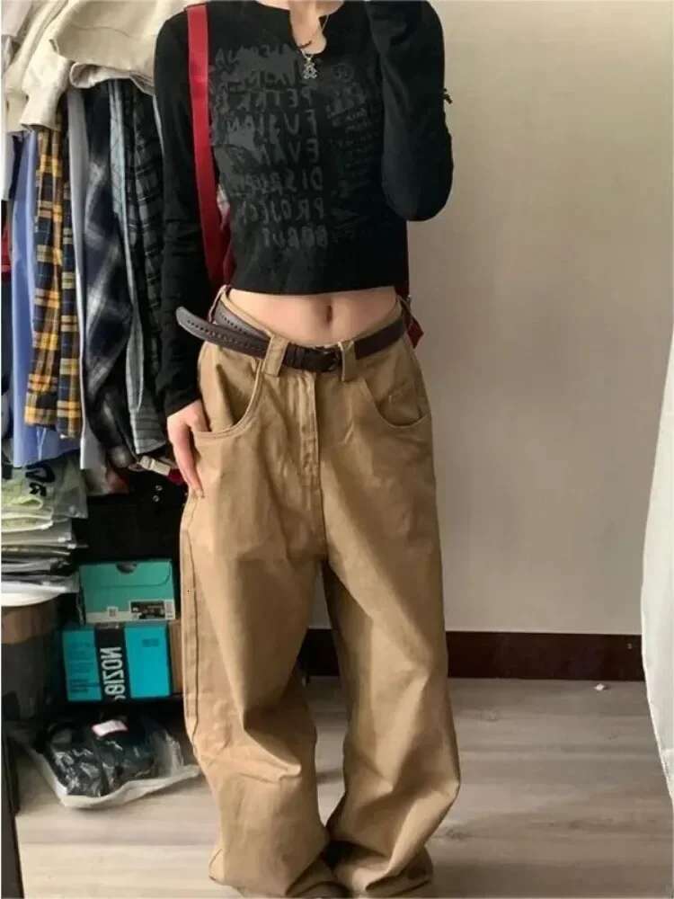 HOUZHOU Y2k Vintage Brown Woman's Cargo Jeans Oversize Japanese 2000S Style Spring Trousers Haruku Korean Wide Denim Pants