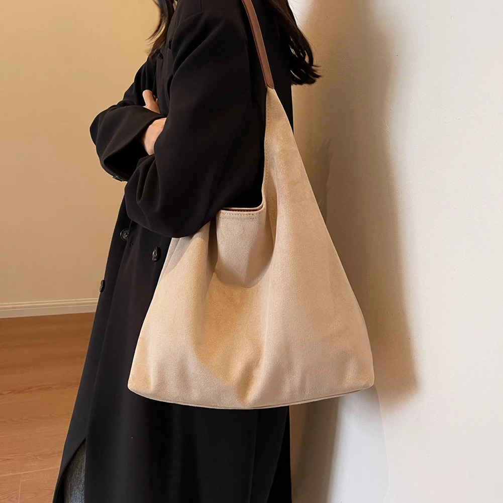 Ship from US Autumn Vintage Women Suede Shoulder Bag Solid Color Simple Tote Handbag Large Capacity Retro Hasp Closure Hobo for Travel 250304FBB