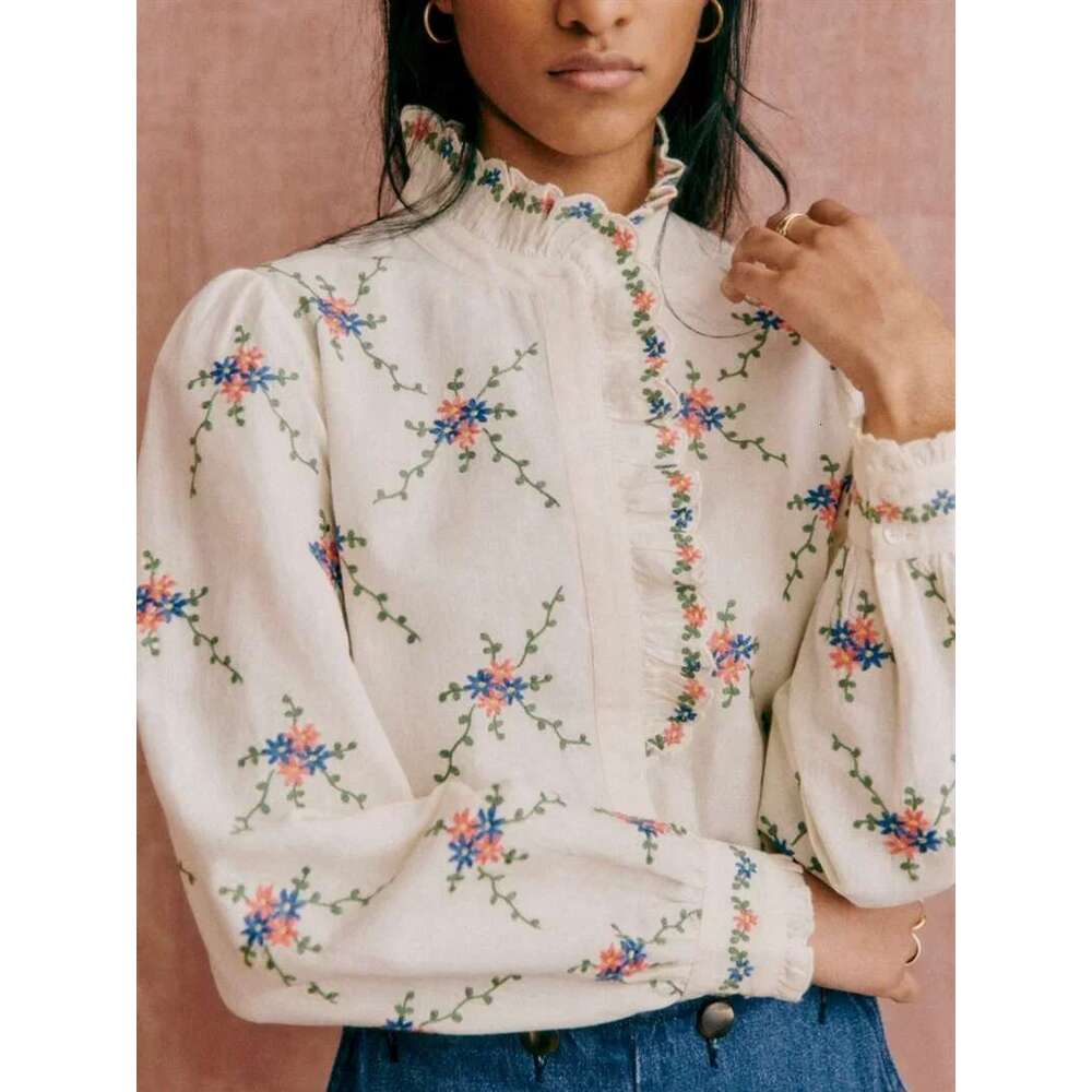 Women's French Stand Collar Ruffle Blouse 2025 New Autumn Long Sleeve Single Breasted Ral Embroidery Elegant Ladies Shirt