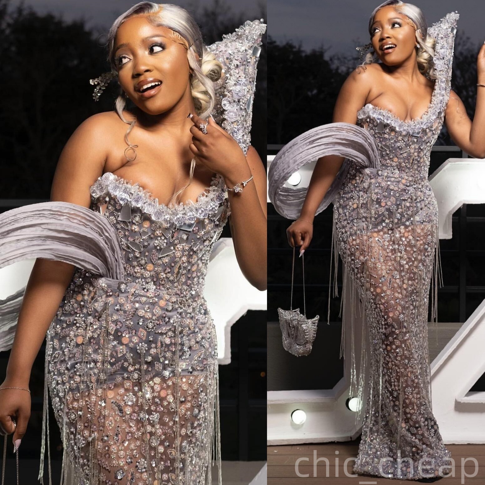 Silver Mermaid Prom Dresses 2025 Rhinestones Beaded Sequined Stylish Evening Formal Party Second Birthday Engagement Gowns Plus Size Dress For Special