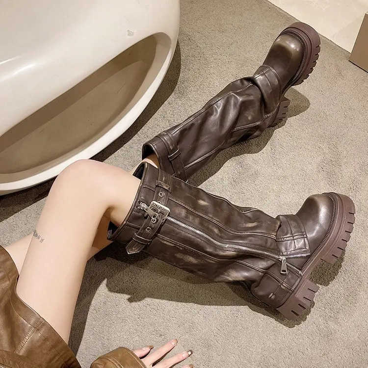 Wens Platform Boots 2024 Autumn Winter New Brown Tall Knight Boots Wern Cowboy Boots Versatile Ladies Shoes Zapatos Z250304