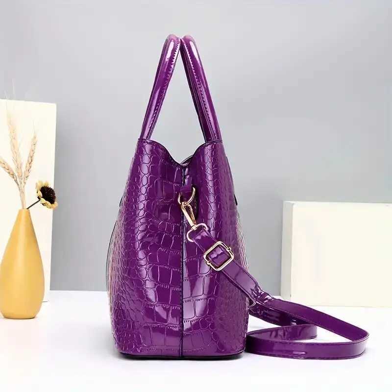 Chic Crocodile-Embossed Tote Bag Set for Women - Faux Leather Includes Clutch Purse Zip Closure Available in Purple/Black Z250303