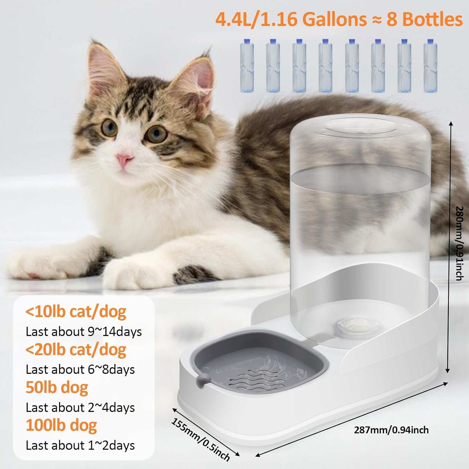 Automatic pet water dispenser, gravity dog water bowl and cat water dispenser for small and medium sized cats, dogs and rabbits