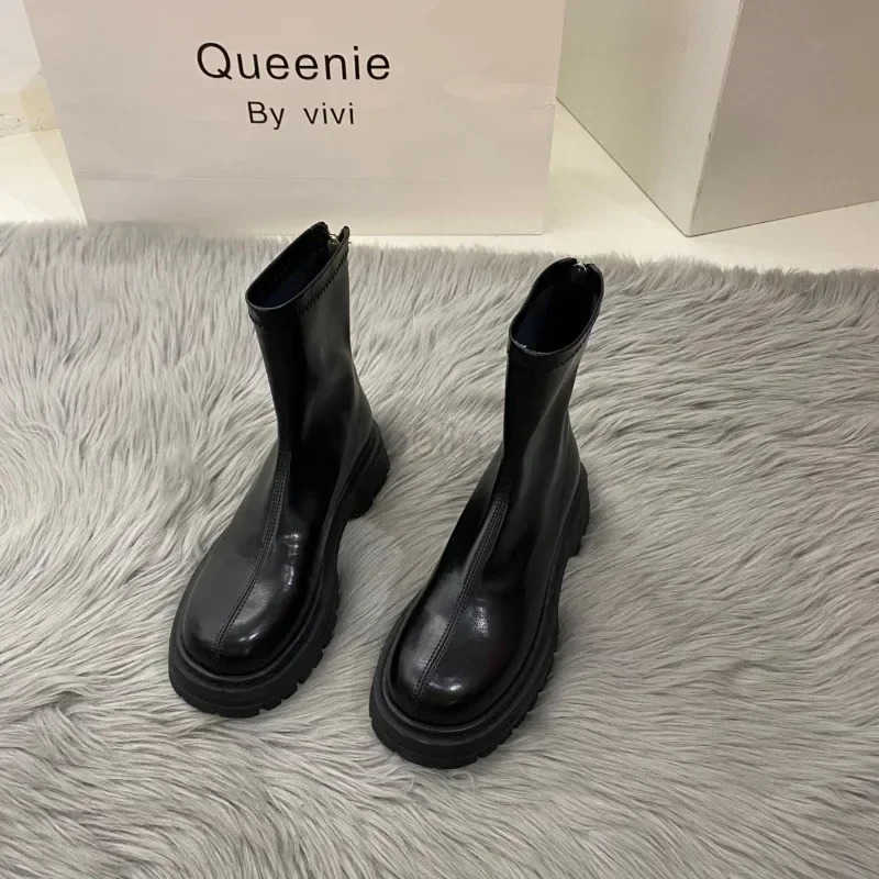 2025 Hot S Ladies Shoes Zipper Wens Boots Spring Autumn Round Toe Solid Short Barrel Platform Chunky H Fion Boots Z250304
