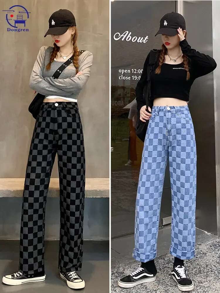 New Vintage Plaid Blue Women's Street High Waist Slim Loose Straight Wide Leg Casual Denim Pants Women Jeans