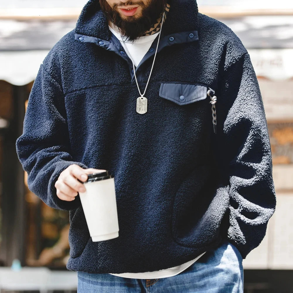 Maden Casual Halfbreasted Fleece Hoodies for Men Standup Collar Solid Color Sweatshirt Autumn Urban Outdoor Warm Pullover 250304