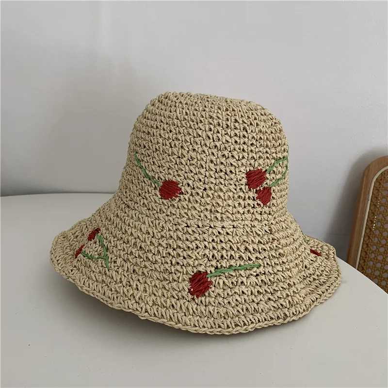 Summer Women Sun Hat Wide Brim Beach Str Hand Crochet Cherry Hat for Women Girl Outdoor Fishing Sun HatsXJ250304