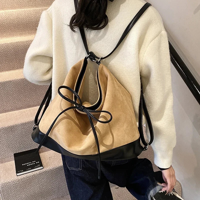Stitching casual backpack fashionable casual sports work clothes large capacity zipper waterproof artificial suede bag 250228