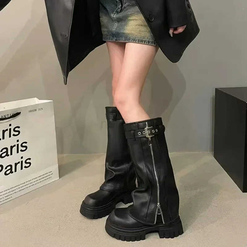 Winter Wen Biker Boots Modern Boot 2024 Fion Belt Buckle Ladies Platform Long Pipe Booties Casual Wens Knee High Booties Z250304