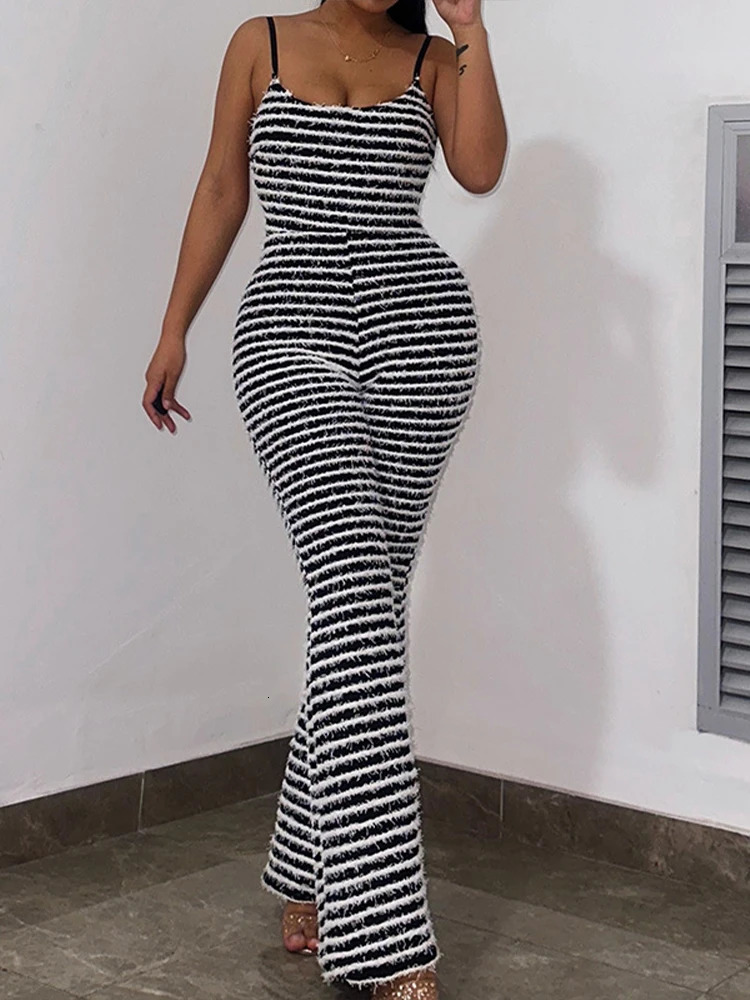 OMSJ Style Backless Jumpsuits For Women Sexy Camisoles High Waist Hip Lifting Striped One-piece Rompers Flare Pants Clubwear 250303