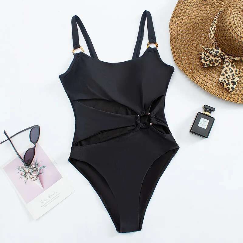 Sexy Onepiece Solid Color Women with Hollow Suspender Fashion Backless Swimsuit Low Waisted Bikini Set