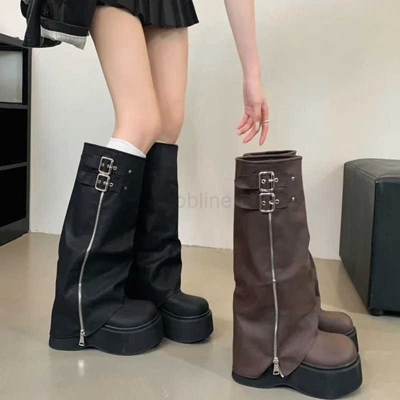 Autumn Winter Chunky Wen Knight High Boots Fion Platform Flats Trouser Long Booties Fem Wern Cowboy Shoes Z250304