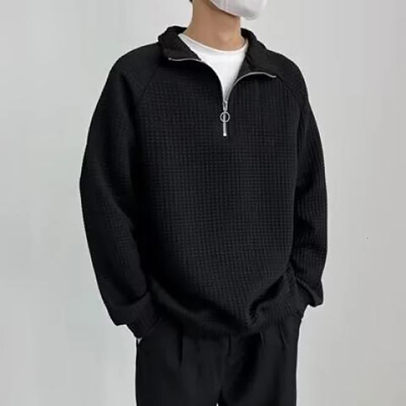 Waffle Plaid Long Sleeve Men Polo Half Zip Sweatshirts Fall Korean Fashion Harajuku Casual Loose Oversized Clothing Black White 250304