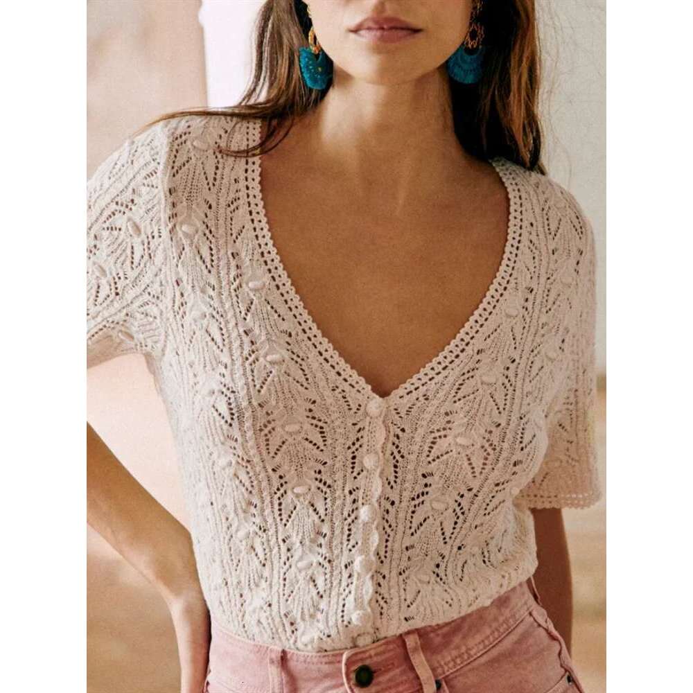 2025 New Women Short Sleeve Sweater Hollow Out Single Breasted Casual Female Elegant Knit Cardigan Top