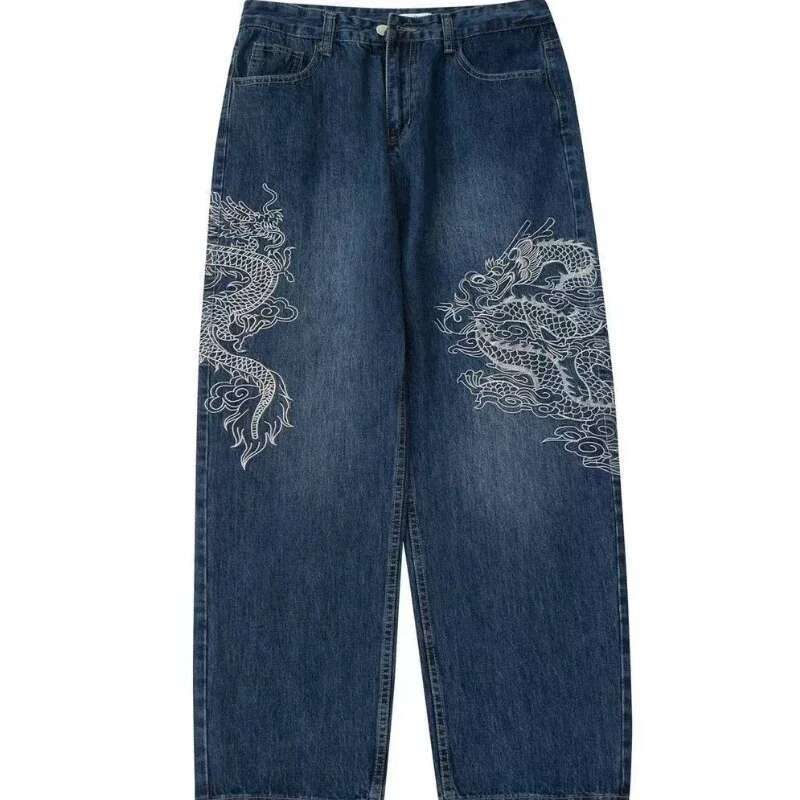 Gothic Dragon Pattern Embroidery Design Waist Y2k Baggy Jeans Men High Street Hip Hop Casual Jean 2024 New