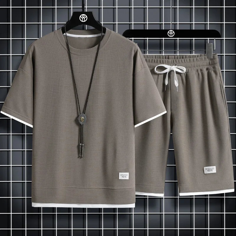 Mens Waffle Summer Suit Casual T-shirt Shorts Suit Mens Tracksuit Solid color tracksuit loose suit 250304