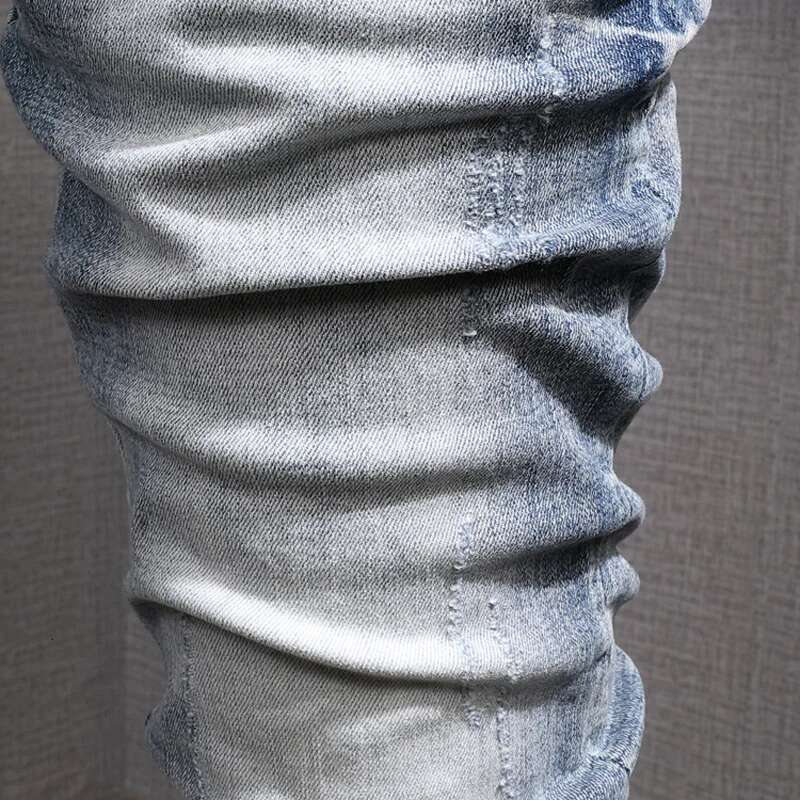 Fashion Designer Retro Light Blue Stretch Slim Fit Printed Ripped Jeans Men Hole Trousers Vintage Casual Pants Hombre