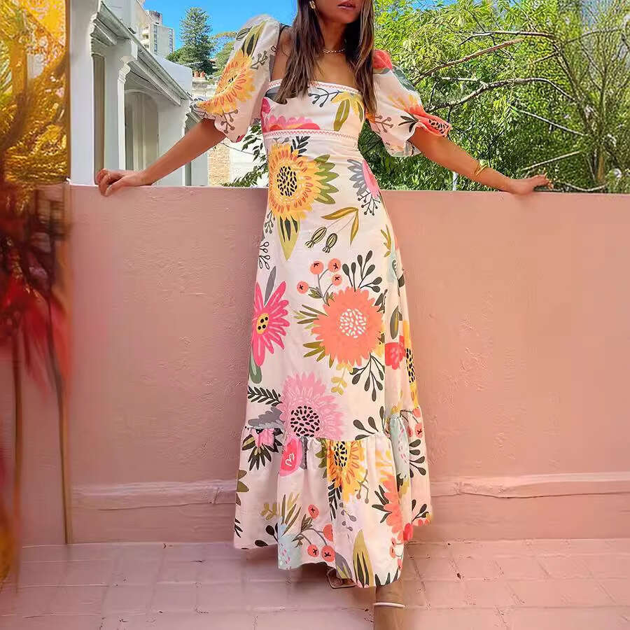 European and American One Word Neck Printed Lantern Sleeve Slim fit Large Swing Cotton Hemp Dress 2025 New Leisure Fashion Trendy Clothing