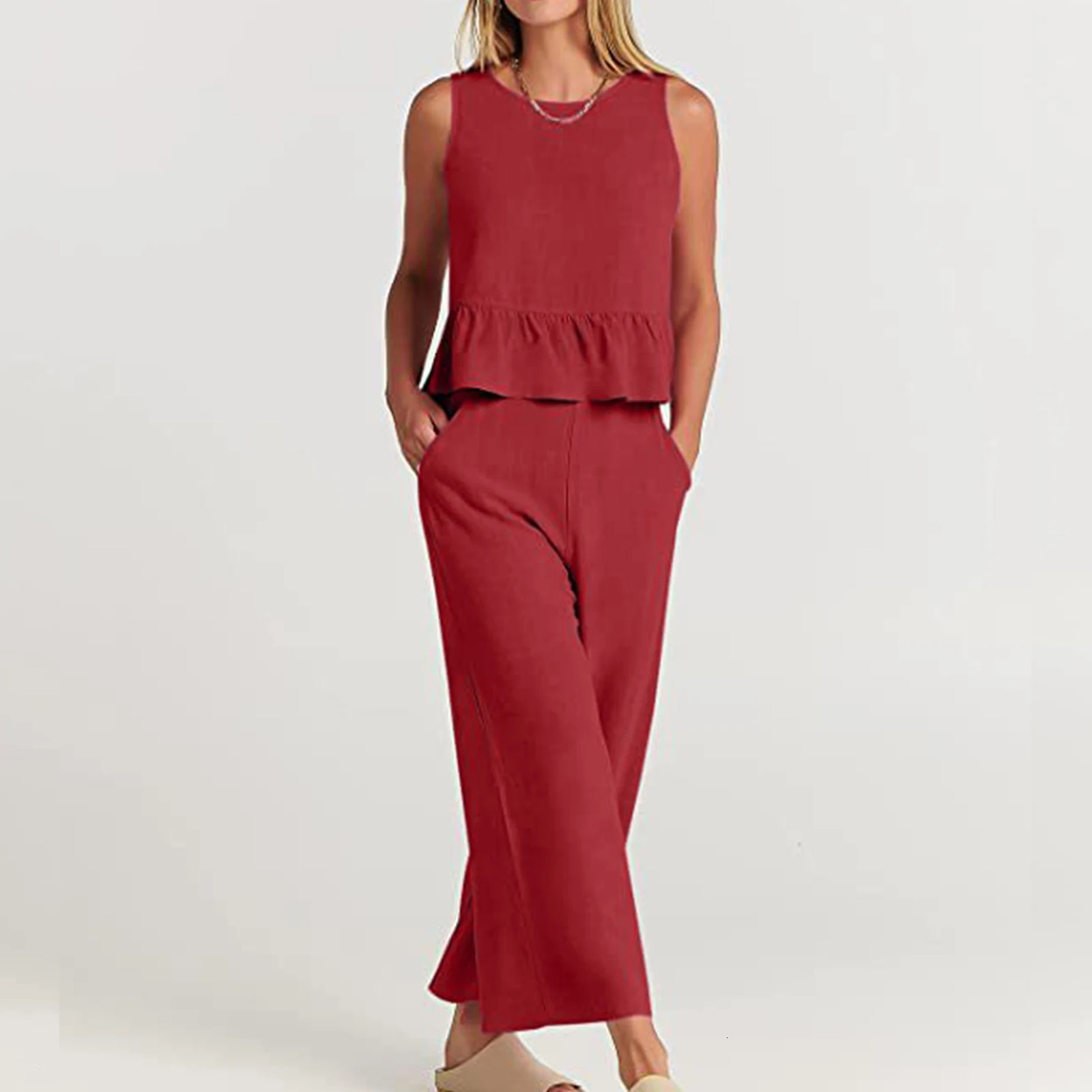Womens 2piece long pants set with square neckline cotton summer loose fit solid color sleeveless daily clothing 250225
