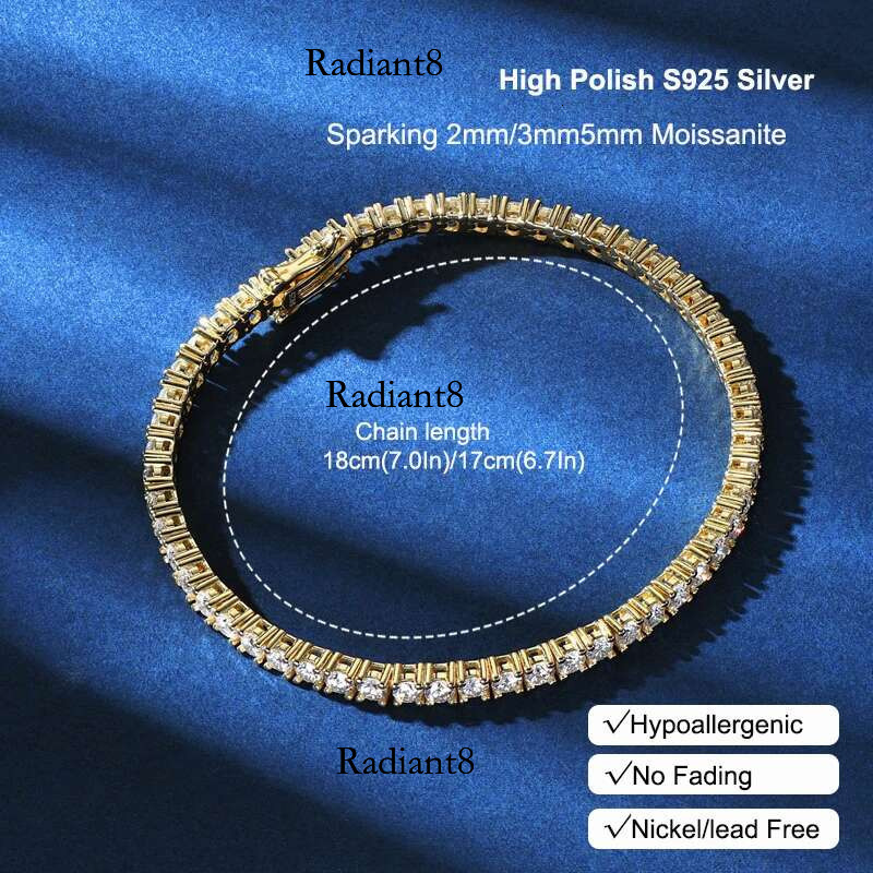Anziw Sterg Sier Plated 14K Gold Tennis Bracelet 3mm 5mm D VVS1 Round Moissanite Bracelets for Women Men Couples Gifts