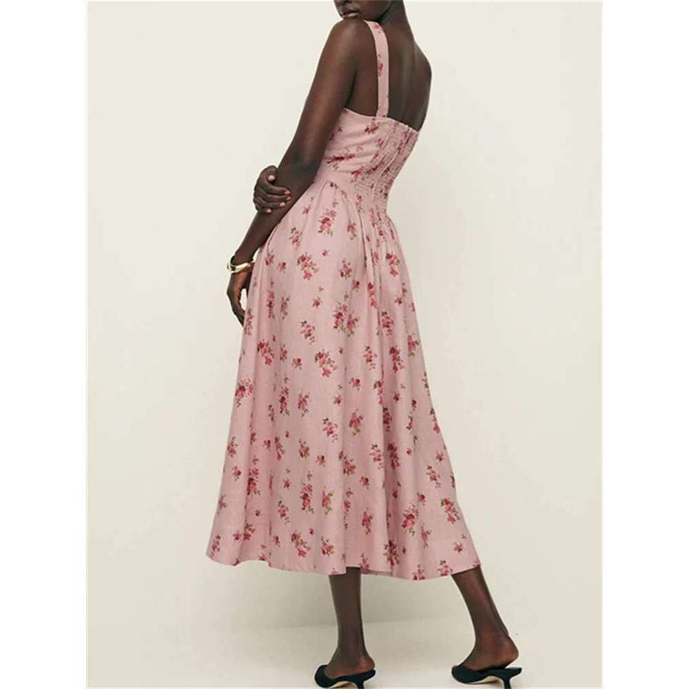 Women Pink Ral Print En Mid Length Dress Summer New Sleeveless Slim Ladies Elegant Vacation Square Collar Lace Up Robe