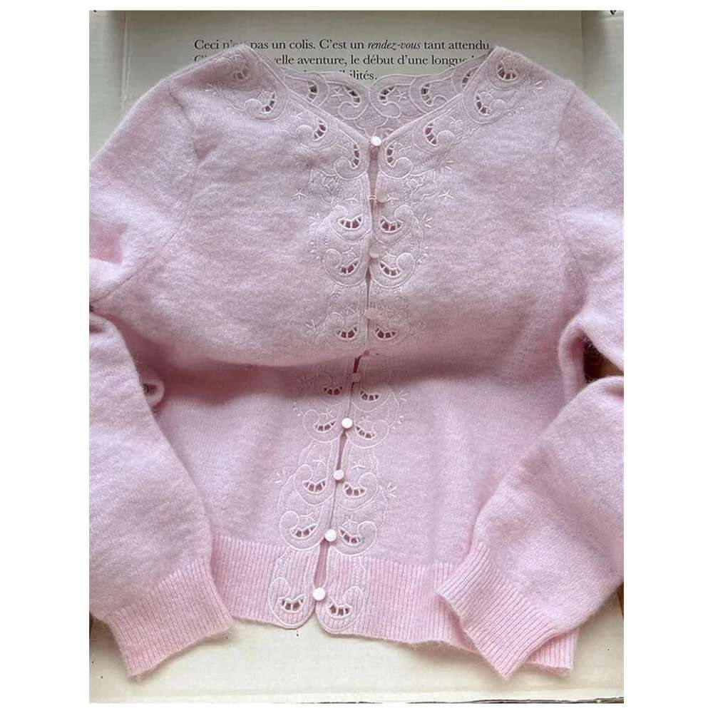 Women's Wool Blend Pink Cardigan Lace Embroidery Hollow Trim Ladies Single Breasted Long Sleeve Round Neck Sweater