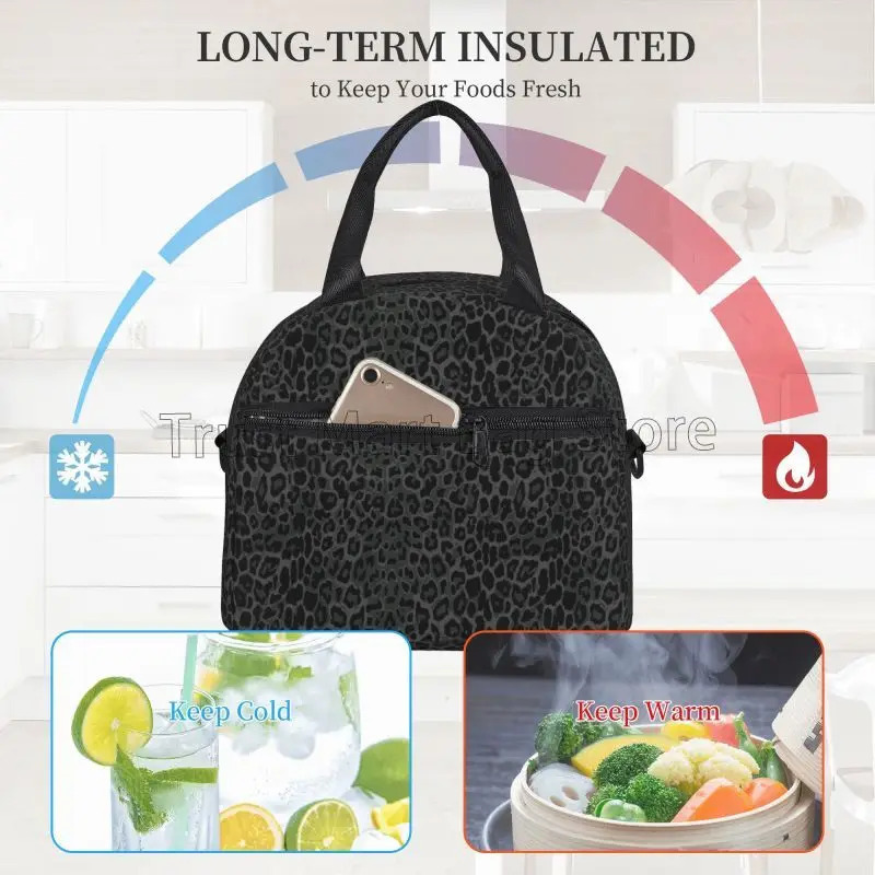 Black Leopard Print Lunch Bag Insulated Reusable Bento Tote for Women Thermal Cooler Bag with Adjustable Strap for Work Travel 250228