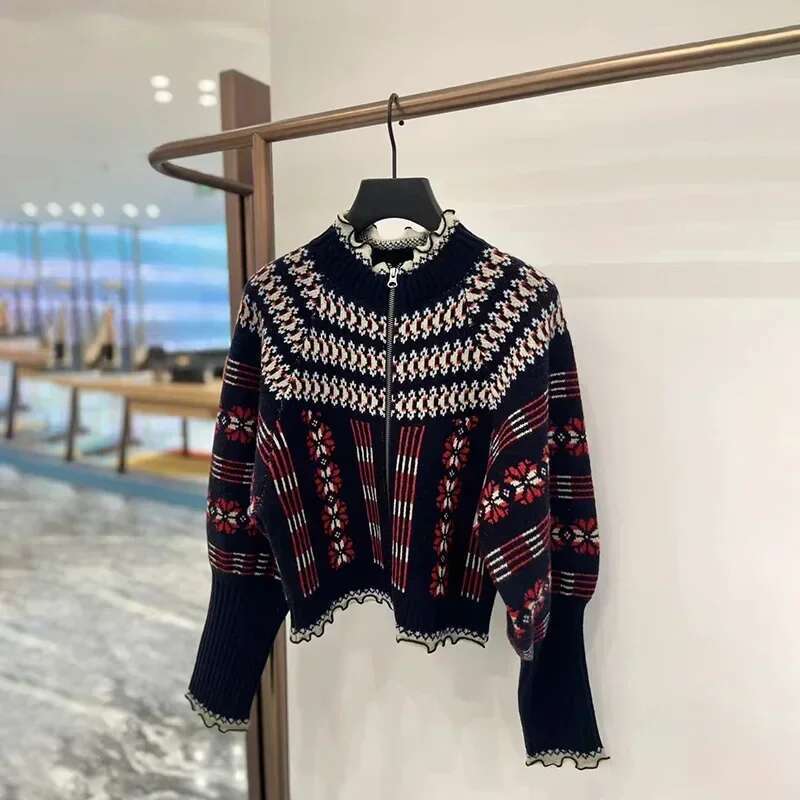 Women 2025 Autumn And Winter Retro Fair Isle Ruffle Stand Collar Double Zipper Balloon Sleeve Sweater Cardigan
