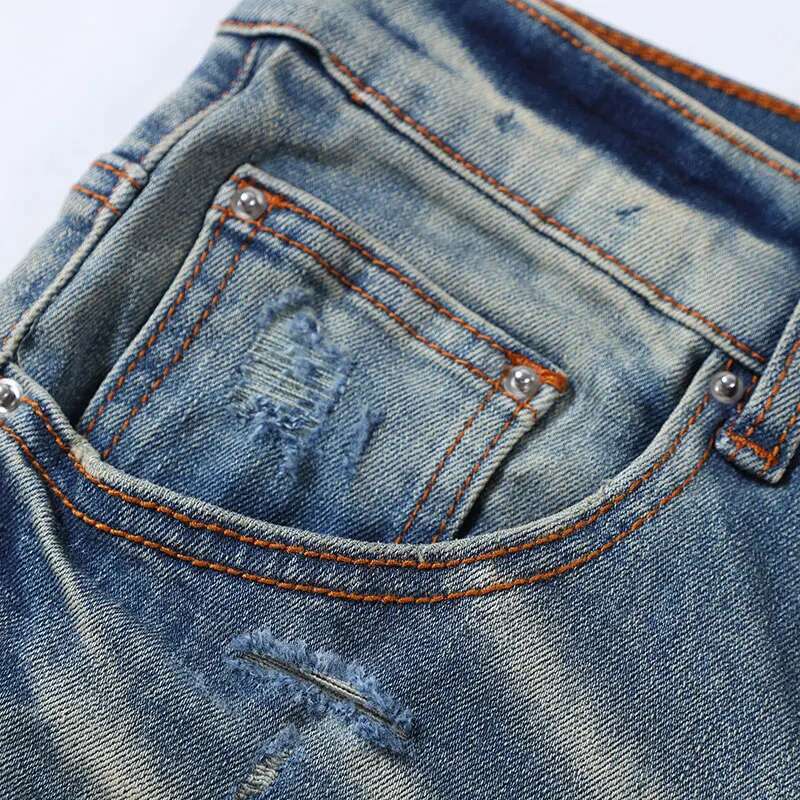 Street Fashion Retro Washed Blue Stretch Skinny Fit Ripped Jeans Men Pink Leather Patched Brand Designer Hip Hop Pants