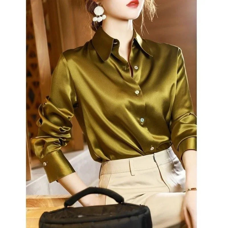 Quality Women Shirt Elegant Office Button Up Long Sleeve Shirts Momi Silk Crepe Satin Blouses Business Ladies Top 250303