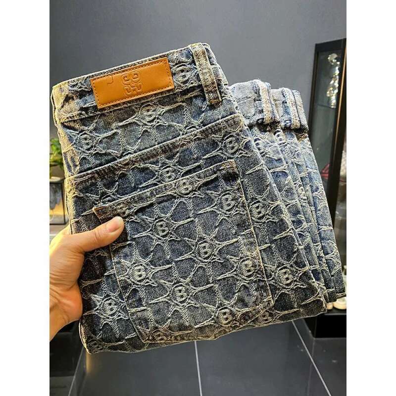 American High Street Jacquard Jeans For Men Women Autumn And Winter New Style Loose Straight Trendy Brand Casual Wide Leg Pants