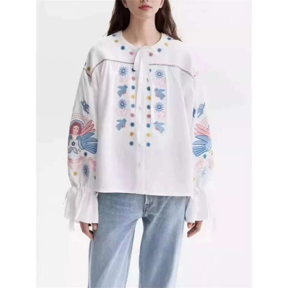 Women 100% En Casual Blouse Early Autumn Single Breasted Lace-Up O-Neck Lantern Sleeve Ladies Embroidery White Shirt Top